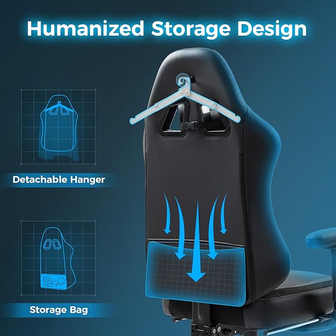 Dowinx LS-66T50EJP Gaming Chair with Pocket Spring Cushion and Hanger Massage Game Chair Pu Leather with Headrest Ergonomic Computer Chair with Footrest 300lbs for Adult Black Grey