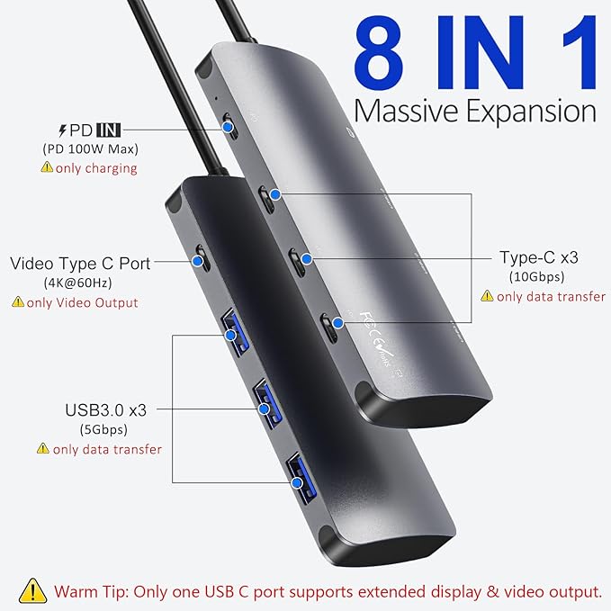 USB C Hub 8 in 1 USB C Video Output Hub with 4K@60Hz 10Gbps USB C Splitter 100W PD Charging Data Transfer USBC Hub Multiport Adapter for MacBook iPad Pro More Type C Devices