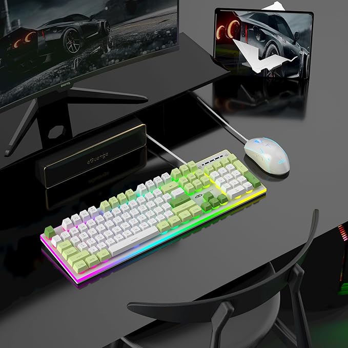 MageGee GT838 Gaming Keyboard and Mouse Combo 104 Keys RGB Backlit Quiet Wired Keyboards with Number Pad Metal Panel Anti-Ghosting Keyboards Set for Desktop Laptop PC Green