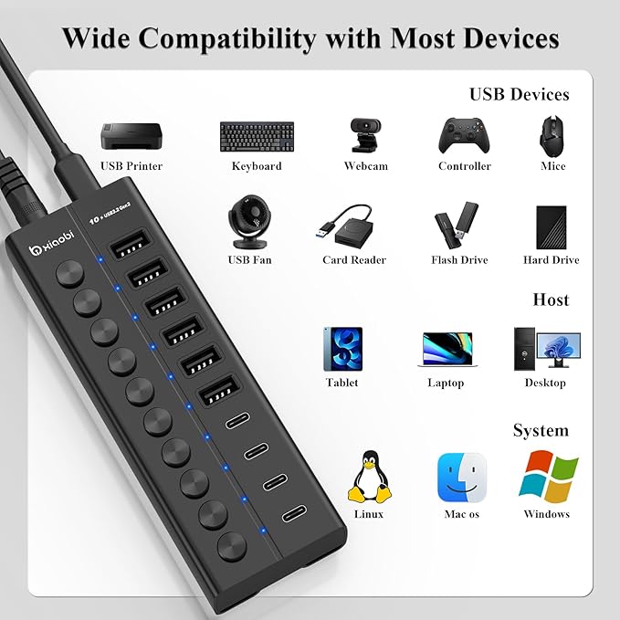 Powered USB Hub 10-Port USB C Hub with 6 USB-A 3.2 4 USB-C 3.2 Ports Individual Switches and 12V/5A Power Adapter Aluminum USB Extension for MacBook Laptop/PC and More(Black)