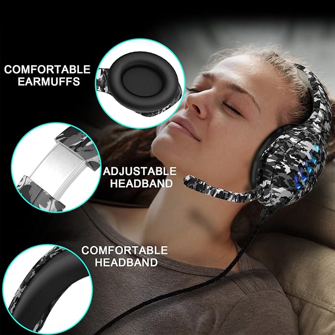 Gaming Headset with Microphone - for PC PS4 PS5 Switch Xbox One Xbox Series X|S - 3.5mm Jack Gamer Headphone with Noise Canceling Mic (Camo Black)