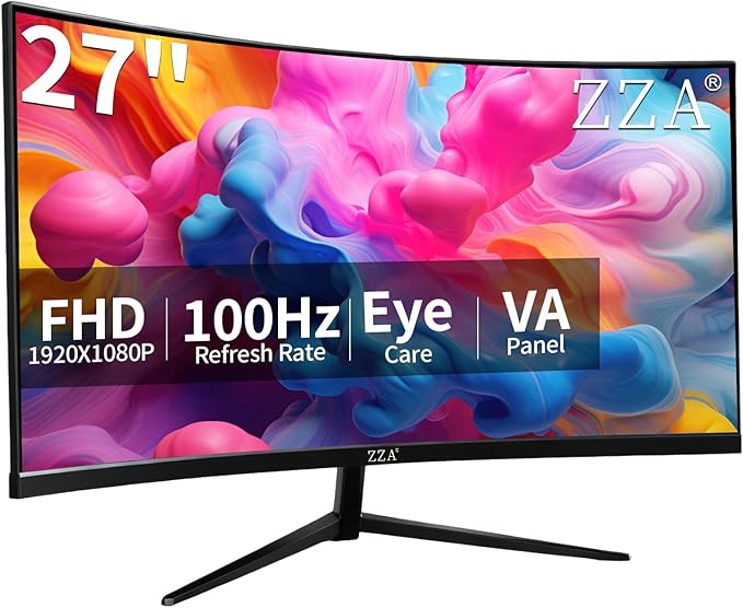 ZZA 27 inch 100Hz Curved Monitor with 1K 1920x1080 Computer Screen 27 inch FHD with HDMIVGA and Wall Mountable|1080P Eye Care PC Office Display for Working and Gaming