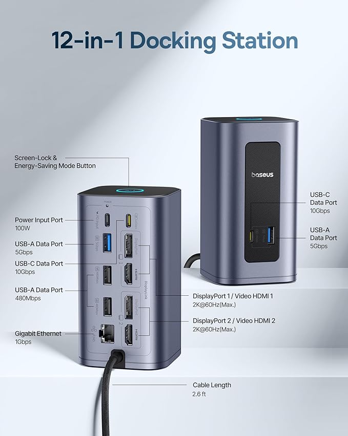 Baseus Docking Station Dual Monitor for macOS/Win Nomos Mac Air(12 in 1) Laptop Dock Station with 2K HDMI 10Gbps USB Ports 1Gbps Ethernet PD 100W(No Power Adapter)