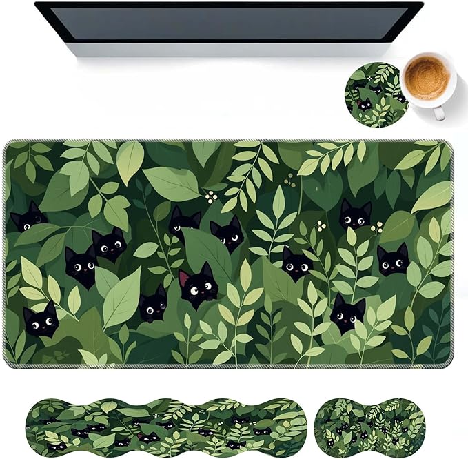 Keyboard Mouse Pad SetLarge Desk Pad+Keyboard Wrist Rest+Mouse Wrist Support+CoasterEasy Typing Pain Relief Non-Slip Wrist Support Mousepad Set Home OfficeBlack Cats in The Leaves
