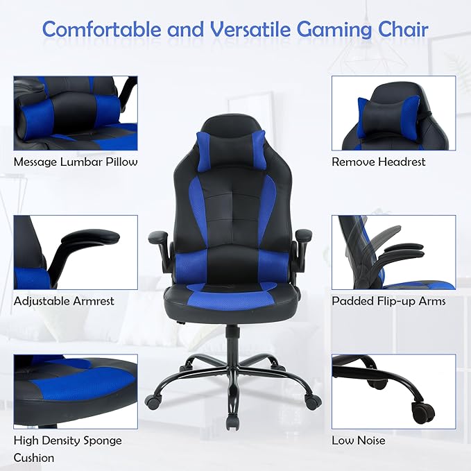 Computer Gaming Chair Video Game Chair for Adults Ergonomic PU Leather Gaming Office Chair Adjustable Armrest PC Gamer Chair Blue
