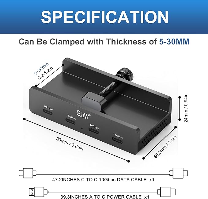 10Gbps USB C Hub - EJAY 4Ports Aluminum USB 3.2 Docking Hub Clamp Design for Desk/Computor with Extra Power Supply Port and 47inches Long Data Cable&amp39inches Power Cable(Black)