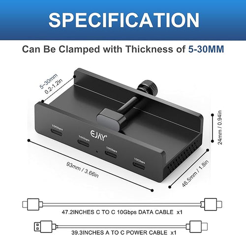 10Gbps USB C Hub - EJAY 4Ports Aluminum USB 3.2 Docking Hub Clamp Design for Desk/Computor with Extra Power Supply Port and 47inches Long Data Cable&amp39inches Power Cable(Black)