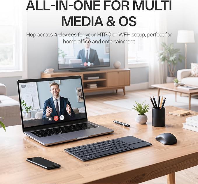 Rapoo Portable Wireless Keyboard with Touchpad Multi-Device HTPC Keyboard for PC-Connected TV/Tablet/Steam Deck/Gaming Console/Raspberry Pi/Mini PC - Support Touch Gestures for Windows &amp Mac Bla