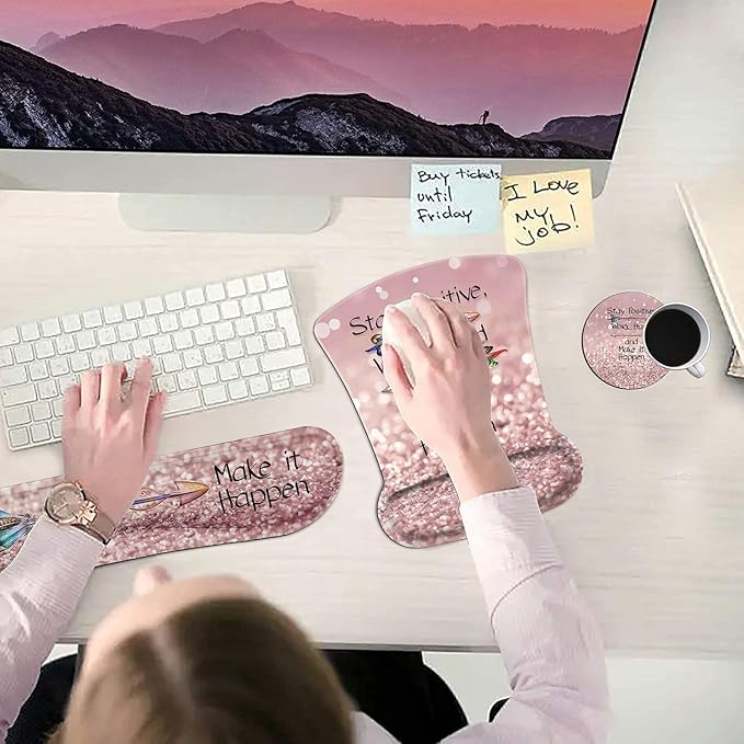 Ergonomic Mouse Pad Wrist Support Gel and Keyboard Wrist Rest Set Stay Positive Work Hard and Make It Happen Pink Glitter Design for Laptop Gaming and OfficeComfortable and Pain Relief + Coaster