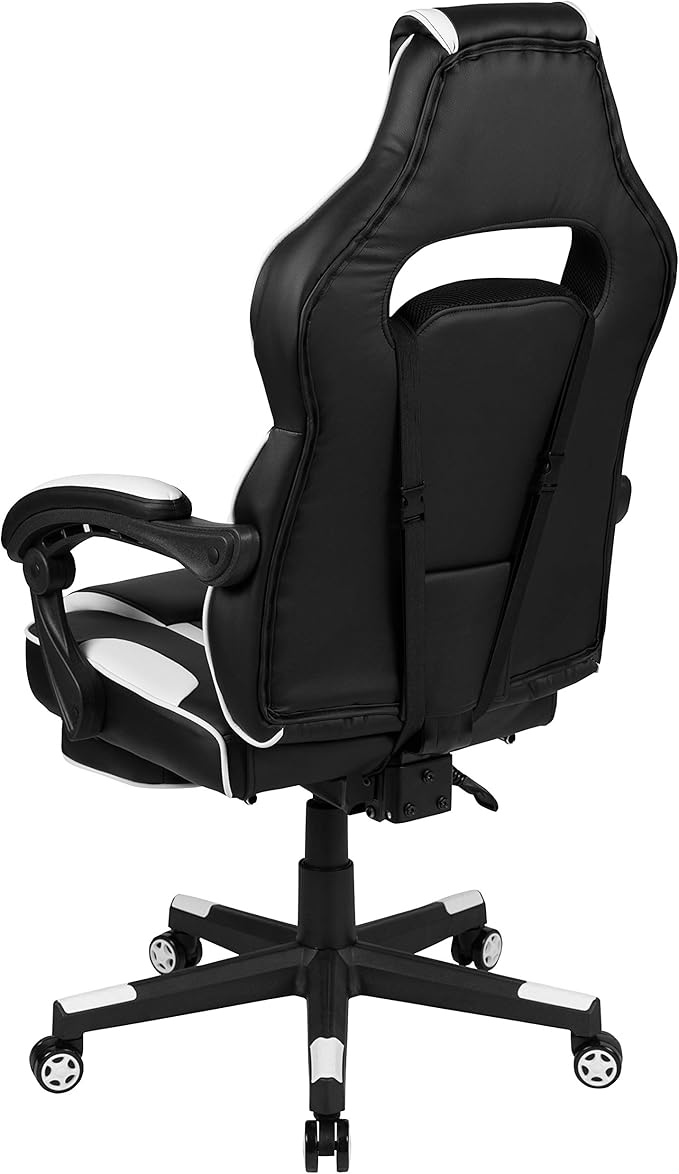EMMA + OLIVER White Ergonomic Gaming Chair - Reclining Back/Arms Footrest Massaging Lumbar