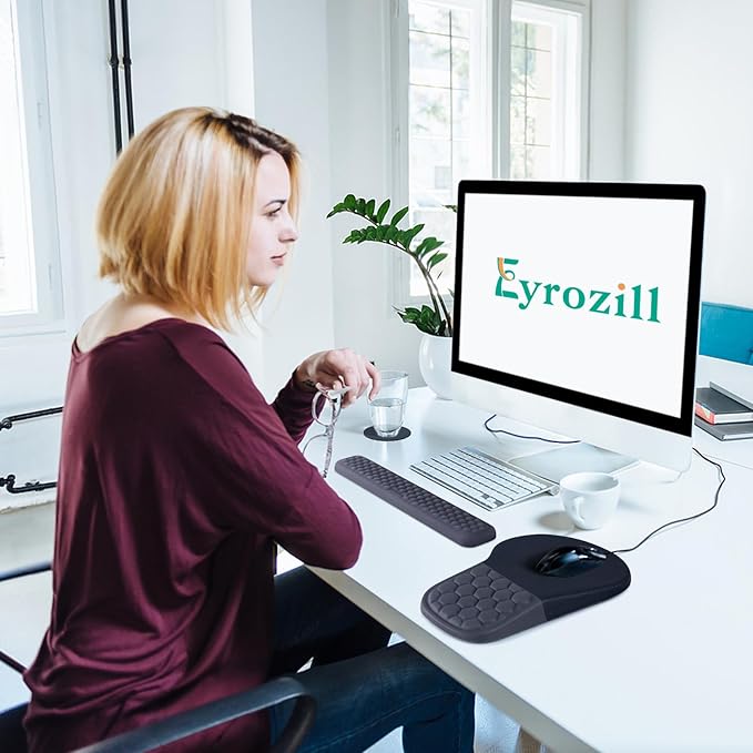 EYROZILL 3 in 1 Ergonomic Mousepad with Wrist Rest Gaming Keyboard Mouse Pad with Wrist Support Non-Slip Base Massage Design Pain Relief (Black/Grey)