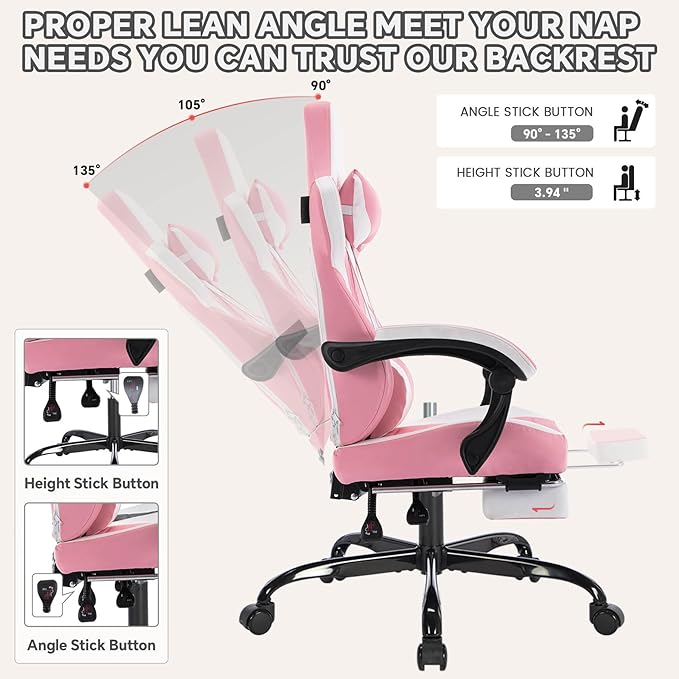Gaming Chair with Footrest Ergonomic Gamer Chair with Adjustable Lumbar Support &amp Headrest Computer Chair for Adults High Back Video Game Chairs for Home Office PC Gaming Chair (Pink)