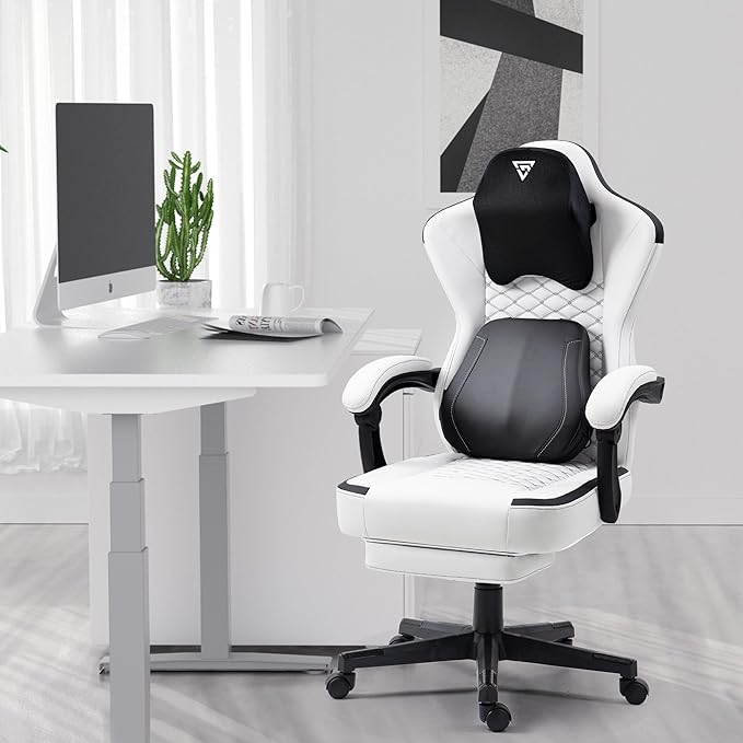 Gaming Chair with Footrest and Heating Massage Ergonomic Video Game Chair 360° Swivel Computer Office Chairs with Adjustable Height &amp Headrest &amp Lumbar Pillow 350 Lbs (White)
