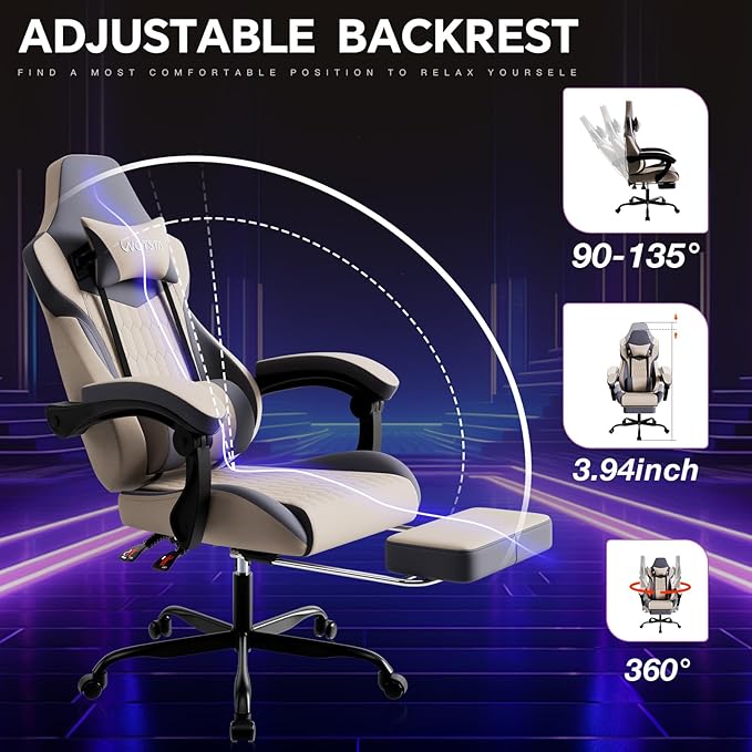 Gaming Chair with Footrest High Back Gaming Chairs PVC Leather Ergonomic Gamer Chair with Adjustable Headrest Lumbar Support Racing Style Video Gaming Chair for Office/Home (Grey)