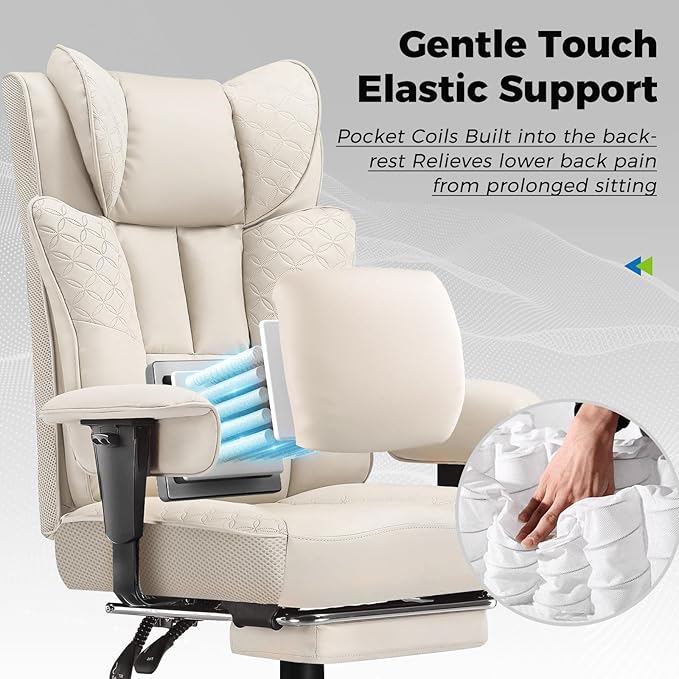 GTPLAYER Big and Tall Office Chair 400LBS Wide Ergonomic Gaming Chair with Deluxe Embossing Designed Leather with Foot Rest150°Reclining Adjustable Soft Armrests Pocket Spring Back Support and Pillow