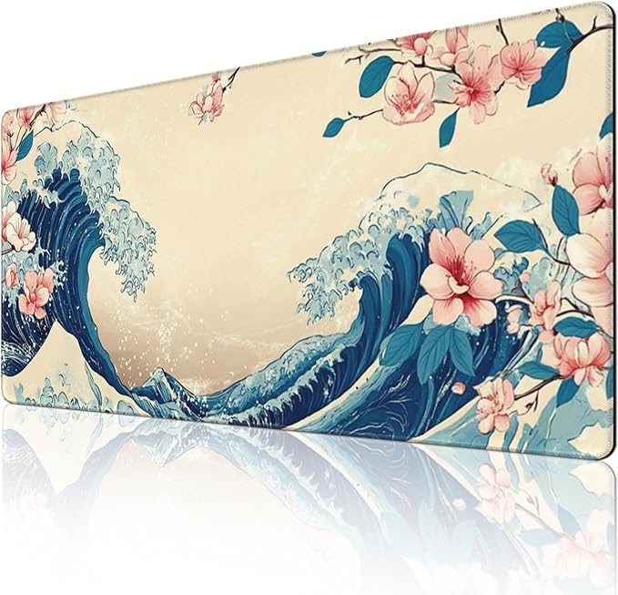 Japanese Sea Wave Extended Large Mouse Pad for Desk 48x24 Big Gaming Mouse Pads with Stitched Edges Non-Slip Rubber Base Computer Desk Mat Mouse Mat for Home Office Work