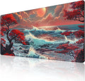 Japanese Desk Mat - 48 x 24 Inches - Sea Wave Extended Big Mouse Pad LargeXXXL Gaming Mouse Pad Desk Pad with 3mm Non-Slip Base and Stitched Edge for Home Office WorkFantasy Artwork Style