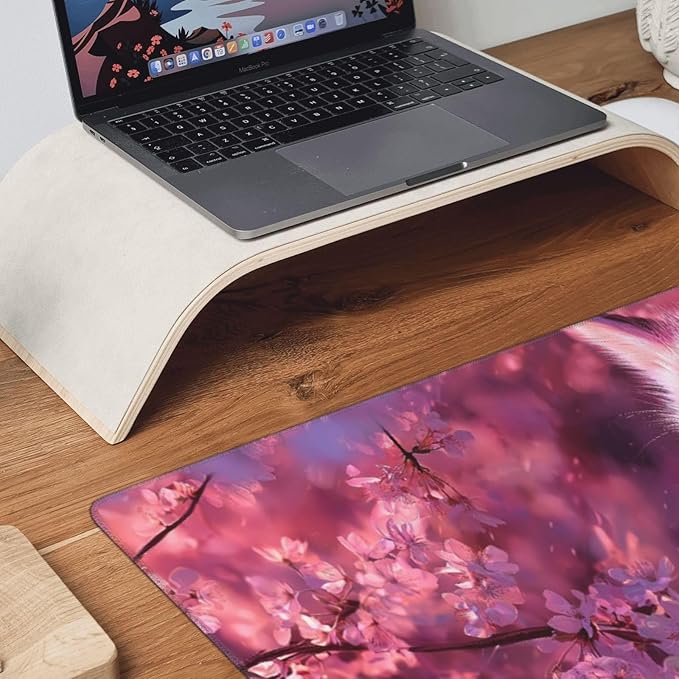 Cherry Blossom White Fox Gaming Mouse Pad Non-Slip Rubber Base 2XL Mousepad with Stitched EdgesWaterproof Washable Mouse Mat for Desk Home Office Gaming 16x35.5in