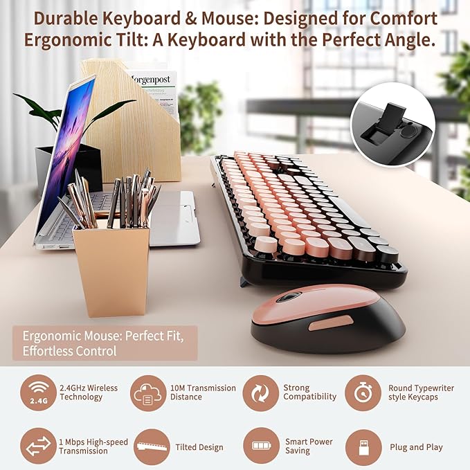 Wireless Keyboard and Mouse Combo Retro Typewriter Keyboard with Round Keycaps Full-Size Ergonomic Aurora Red Ideal for Windows PC Home Office and College