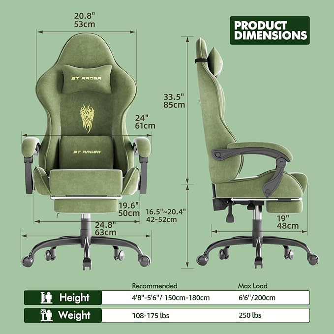 Huracan Velvet Fabric Racing Gaming Chair for Adults - Ergonomic Gamer Chair with Massage Lumbar Footrest &amp Spring Cushion | Home Office/Video Game Chair Green