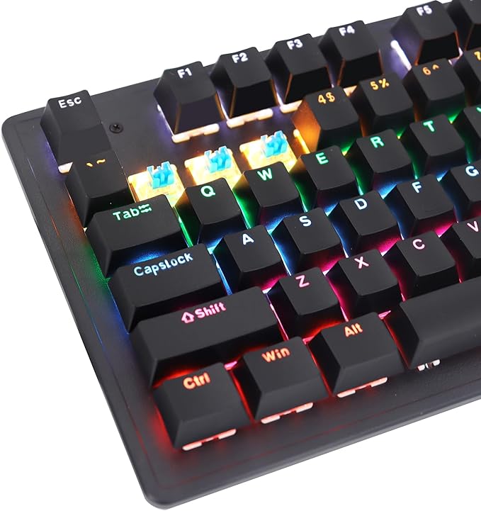 Denash 104 Keys Mechanical Gaming Keyboard with Rainbow Backlit FN Shortcuts K104 Keyboard Color Switch. USB Wired Keyboard for and (Blue Switch)