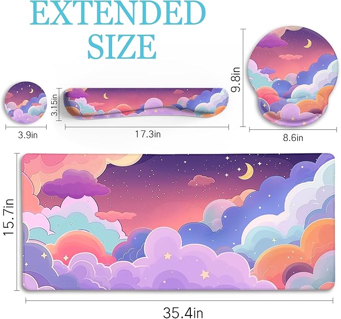 Purple Mouse Pad Large Desk Mat Set Kawaii Clouds Ergonomic Mouse Pad with Wrist Rest Keyboard Wrist Support XXL Mousepad Cup Coaster Set Cute Purple Office Desk Accessories Decor Supplies