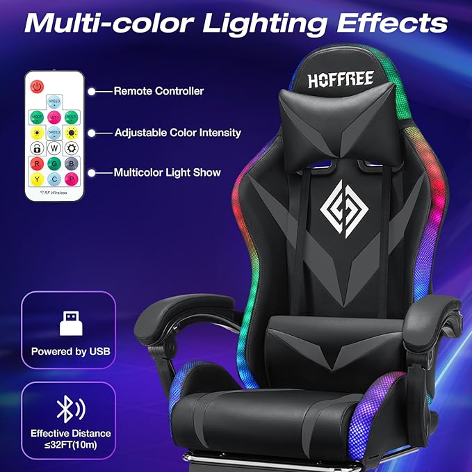 Gaming Chair Massage with LED RGB Lights and Footrest Ergonomic Computer Chair High Back Video Game Chair with Adjustable Lumbar Support Linkage Armrest Grey and Black