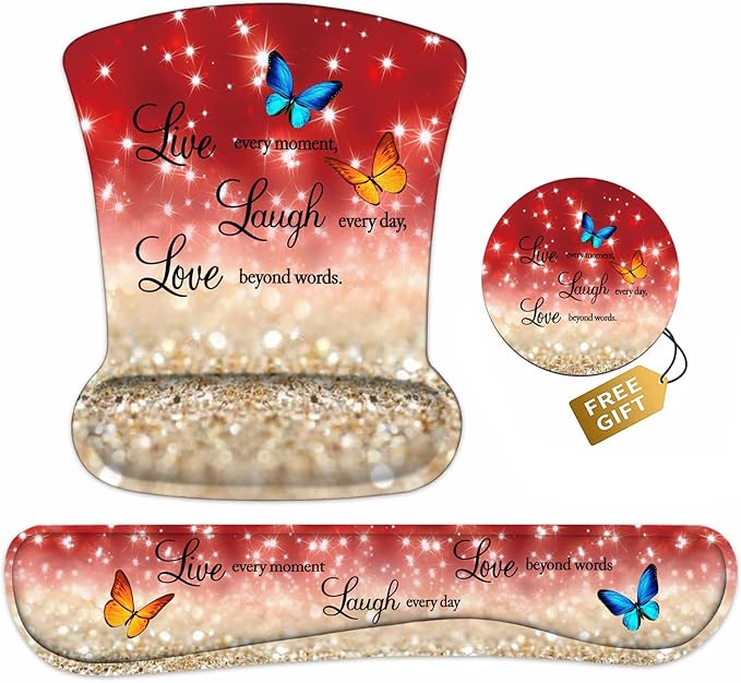 Keyboard Wrist Rest and Mouse Pad Wrist Support Set with Coasters Non-Slip PU Base Ergonomic Mousepad for Computer Laptop Home Office Easy Typing &amp Pain Relief Red Glitter Quote Live Laugh Love