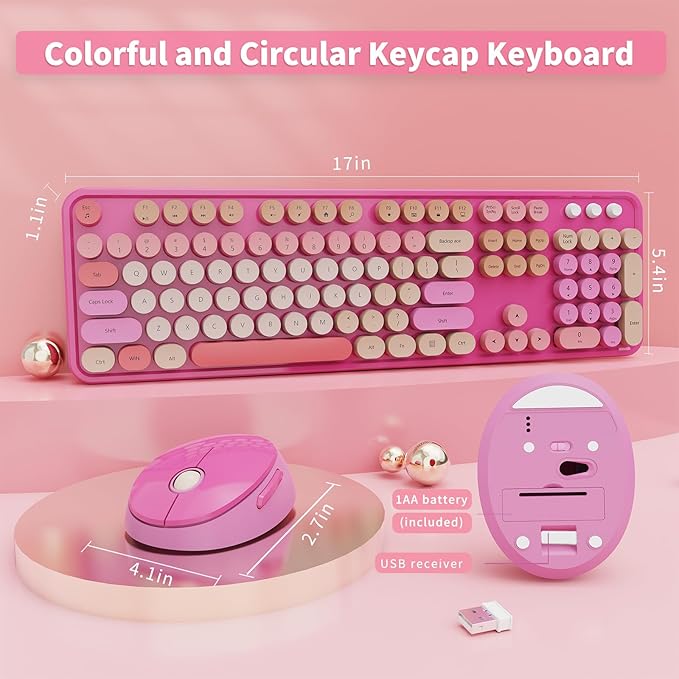 Wireless Keyboard and Mouse Combo Ergonomic Full Size Typewriter Retro Round Keycaps Keyboard Compatible with Windows PC Perfer for Home and Office Keyboards （Red）