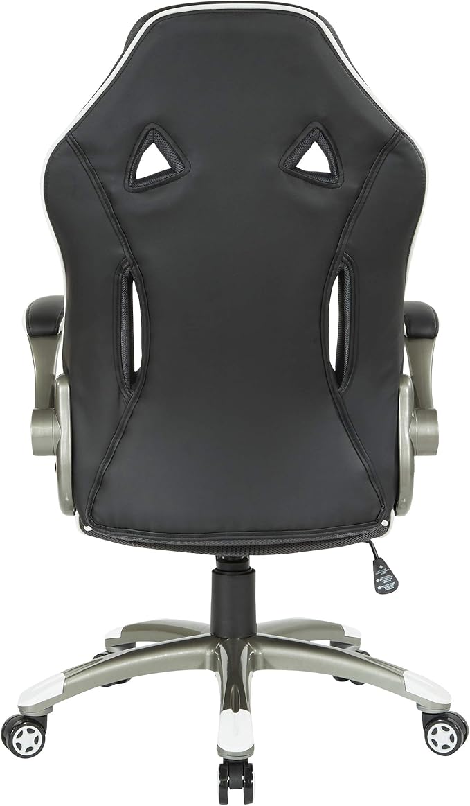 OSP Home Furnishings Xplorer 51 Ergonomic Adjustable High Back Gaming Chair with Lumbar Support and Padded Flip Arms Black Faux Leather with White Trim