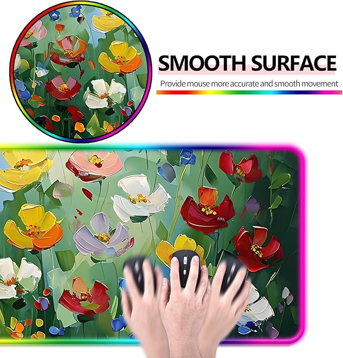 RGB Abstract Green Wildflower Gaming Desk Mat Computer Keyboard Large Extended Long Floral LED Mouse Pad for Office and Home XL (W23)