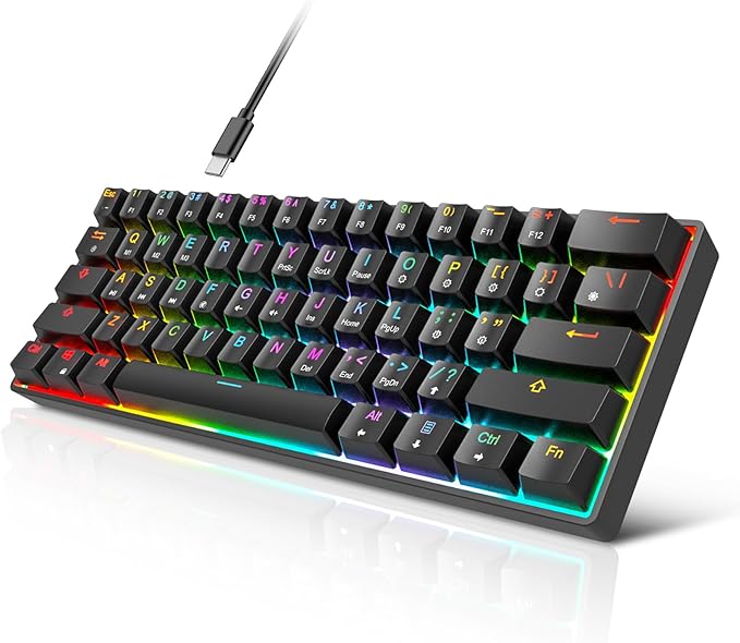60% Mechanical Gaming Keyboard - 61 Keys Brown Switch Quiet Office Computer Keyboard - Multi Color RGB Rainbow Led Backlit - Programmable for PC/Windows/Mac/Gamer - USB Wired - Black