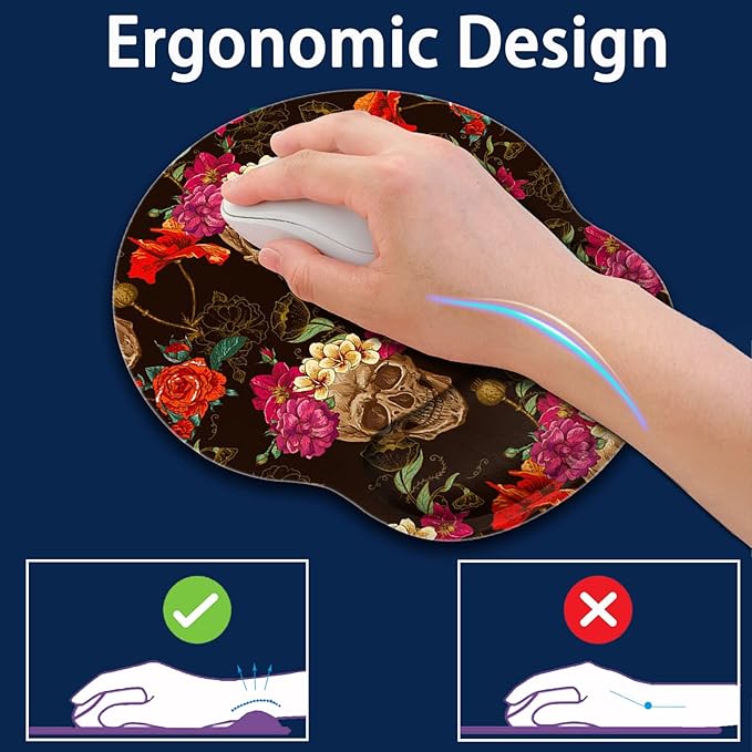 Gel Mouse Pad Wrist Support and Memory Foam Keyboard Wrist Rest in Office Accessories Set for Office Computer LaptopComfortable Lightweight for Easy Typing Pain ReliefRose Flower Skull Desk pad