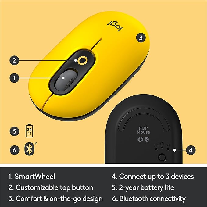 Logitech POP Mouse Wireless Mouse with Customizable Emojis SilentTouch Technology Precision/Speed Scroll Compact Design Bluetooth Multi-Device OS Compatible - Blast Yellow (Renewed)