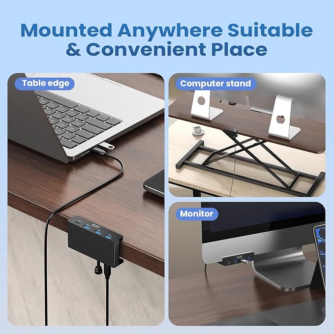 EJAY Mountable 4Ports USB3.0 HUB Alu Desktop Clamp Type C USB3.0 Splitter for Desk/Monitors with Extra Power Supply Port59inches Data &amp 39inches Power Cables-5Gbps(3A1C) (JK-3A1C-BK)