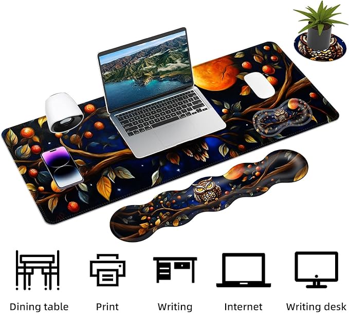 Keyboard Mouse Pad Set Extended Gaming Mouse Pad+Ergonomics Keyboard Wrist Rest Support Memory Foam Easy Typing Pain Relief 4Pcs XL Ultra Thick Desk MatOwl on Branch Moonlit Night