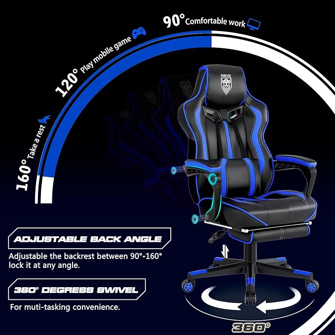 Vonesse Gaming Chairs for Adults Gamer Chair with Footrest and Massage Reclining Big and Tall Ergonomic Gaming Chair Computer Chairs for Heavy People 300LBS (Blue/Black)