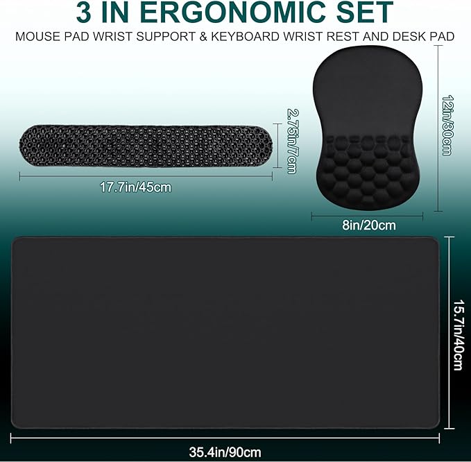 3 in 1 Set Ergonomic Mouse Pad with Wrist Rest Keyboard Wrist Rest Non-Slip Desk Pad Memory Foam Breathable Support for Prolonged Typing and Mouse Use Relief from Wrist Fatigue Jamboa