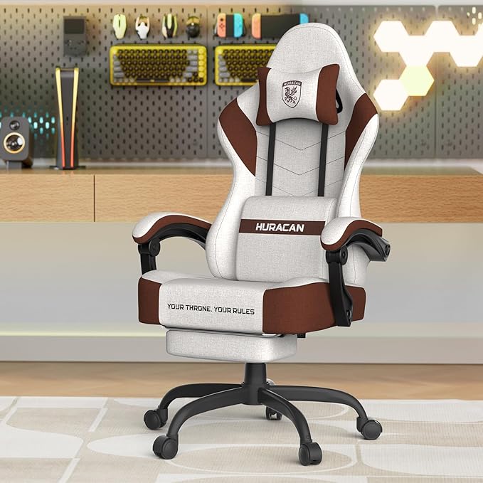 Ferghana Cotton Fabric Gaming Chair with Wider Seat Cushion Shield-Shaped Embroidery Ergonomic High Back Game Chair with Footrest Computer Chair with Massage Lumbar Support for Adult Brown