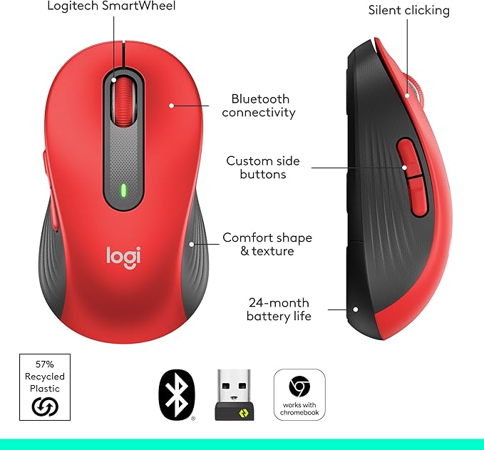 Logitech Signature M650 L Full Size Wireless Mouse - for Large Sized Hands 2-Year Battery Silent Clicks Customizable Side Buttons Bluetooth for PC/Mac/Multi-Device/Chromebook - Classic Red