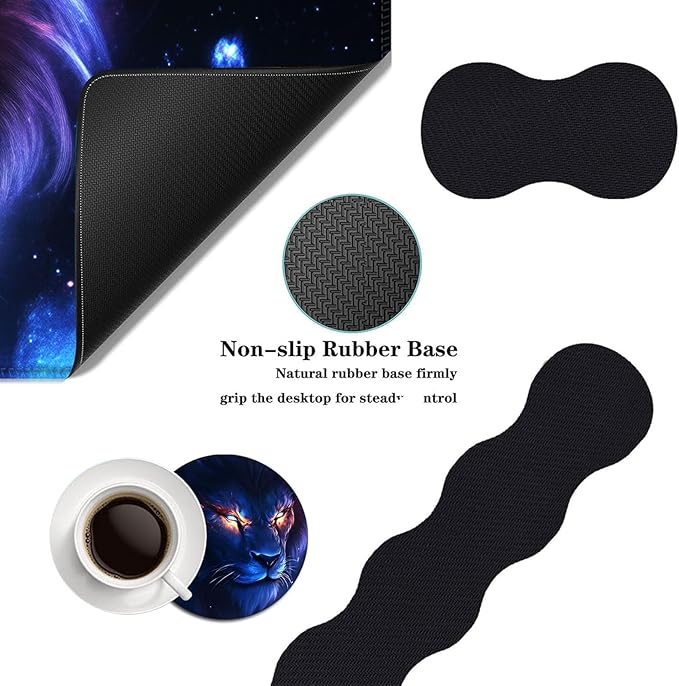 Mouse PadLarge Desk Mat Set 4in1 XL Mousepad + Keyboard Wrist Rest+Mouse Wrist Rest+Coaster with Ergonomic Desk Pad for Home Office Table Computer Cover -Galaxy Lion with Glowing Eyes