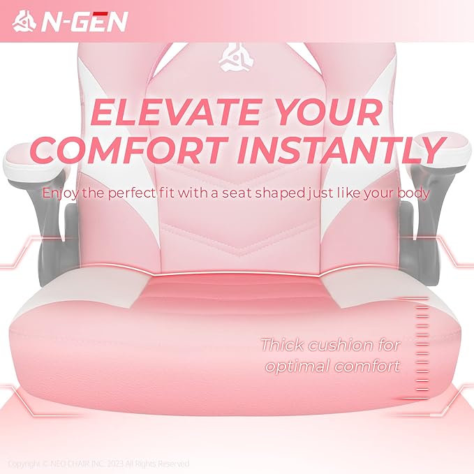 N-GEN Video Gaming Chair Ergonomic Computer Desk Office Chair with Lumbar Support Adjustable Height Swivel Wheels Flip-Up Arms PU Leather Home and Office (Pink)