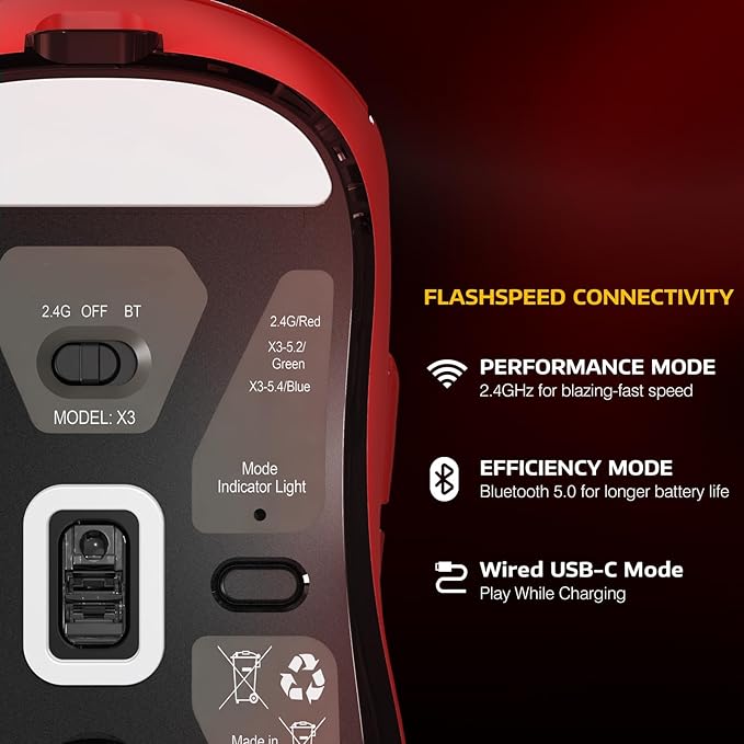 ATTACK SHARK X3 Wireless Gaming Mouse 49g Ergonomic Computer Mouse Triple Modes PAW3395 26K DPI Optical Sensor 200h Battery Life Programmable Buttons Gaming Accessories for PC/Laptop/Mac (Red)