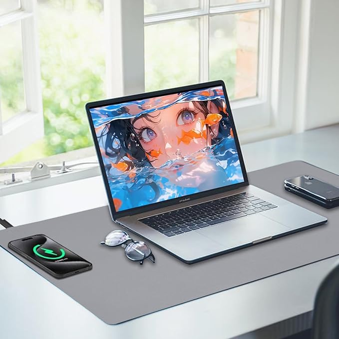Desk Mat with Wireless Charging Grey Mouse Pad with Wireless Charger Desk Pad Matt for Desktop Mousepad Gaming Large Mouse Pad Leather Compute for Keyboard and Mouse 32 x 16