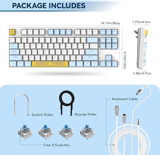 MAGIC-REFINER AK873 Gaming KeyboardRainbow Led BacklitHot-Swappable Blue SwitchPBT Keycap75% TKL LayoutErgonomic Mechanical Keyboard with Custom Coiled USB/Type-C Aviation Cable(Blue White)