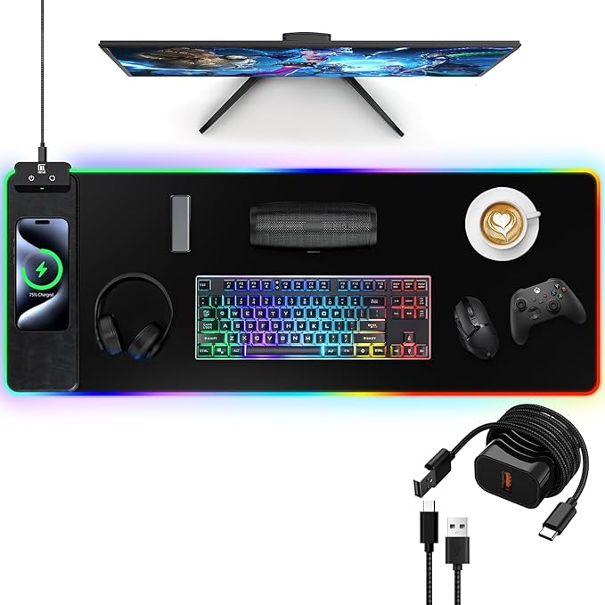 RGB Gaming Mouse Pad with Fast Wireless Charger LED Extended Desk Mat Home Office Large Desk Pad with Ultra-Smooth Surface Non-Slip Base Waterproof Keyboard Pad (Black)