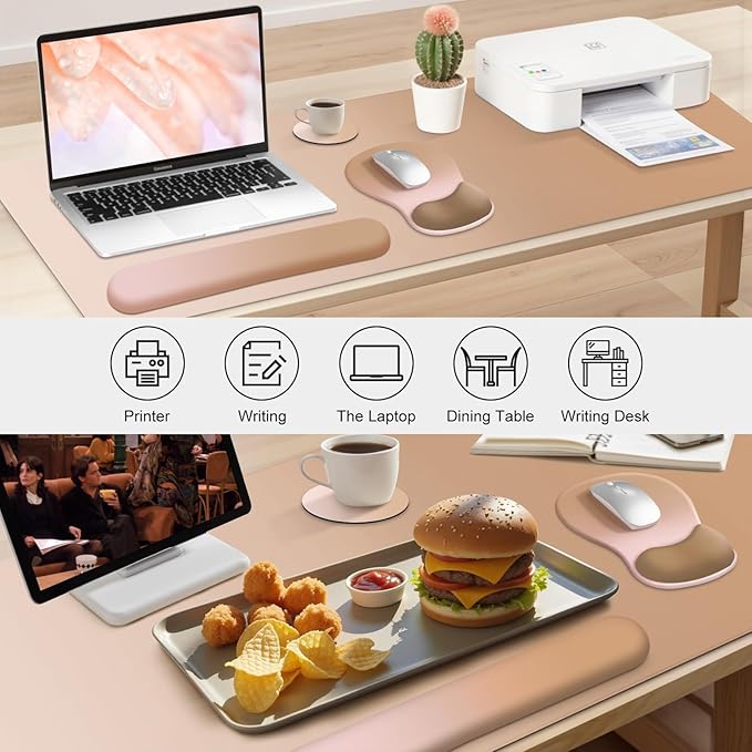 4-in-1 Large Gaming Mouse Pad Keyboard Wrist Rest Pad &amp Wrist Support Mousepad Set Extended Desk Pad Waterproof Desk Mat Protector for Home Office Decor Study Game 35.4×15.7 Inches I Milk Tea Br