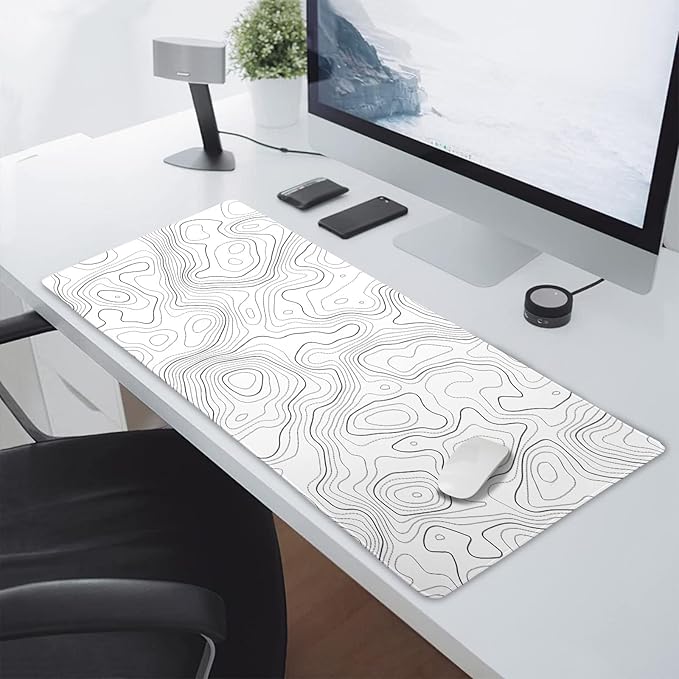 aportt Topographic Map Large Mouse Pad XXL White Lines Contour Geographic Extended Desk Mat Big 90X40 CM Non-Slip Rubber Base Stitched Edge Long Mousepad35.4 x 15.7 Inch