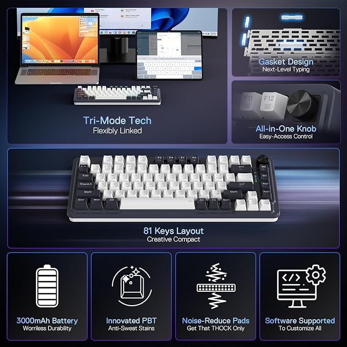 Redragon K673 PRO 75% Wireless Gasket RGB Gaming Keyboard 3-Modes 81 Keys Compact Mechanical Keyboard Hot-Swap Socket Dedicated Knob Control and Sound Absorbing Pads Linear Red Switch