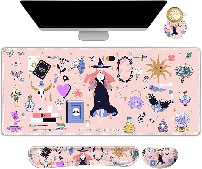 Pink Keyboard Mouse Pad Set Large Gaming Deskpad Rectangle +Keyboard Wrist Rest +Mouse Wrist Support +Coaster Ergonomic Memory Foam Mousepad Combo Witch Mirror